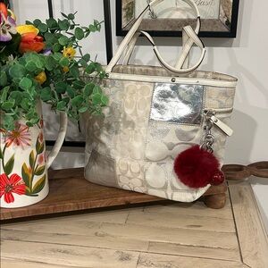 Coach Metallic Silver and Cream Patchwork Tote